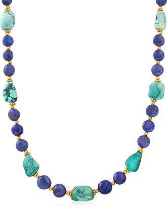 Ross-Simons Lapis and Turquoise Bead Necklace With 18kt Gold Over Sterling
