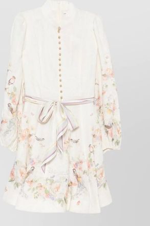 Zimmermann linen floral-print high-neck long-sleeve mini dress