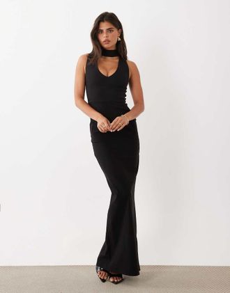 Vesper vestito maxi in bengalina con scollo a barchetta e dettaglio collo alto nero - BLACK