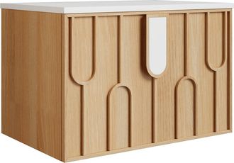 Vente-Unique Mueble de ba&ntilde;o suspendido texturizado con encimera de piedra sinterizada - Natural claro - An. 75 cm - MERKAN