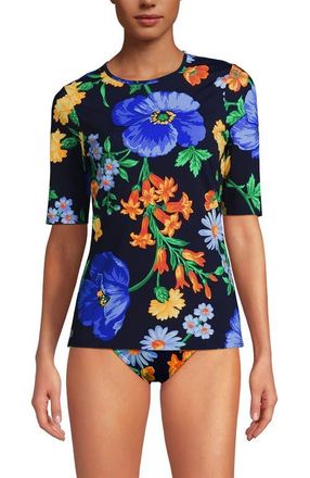 Lands End SunShade UPF 50 Elbow Sleeve Rash Guard Swim Tee in Navy/exploded Poppy Floral at Nordstrom, Size X-Small