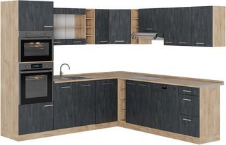 Vicco Cocina Esquinera R-line, Hormig&oacute;n Negro/roble Dorado, 237 X 247 Cm Sin Encimera