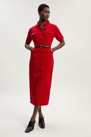 Karen Millen Womens Petite Denim Short Sleeve Shirt Dress - Red - Size 8 UK