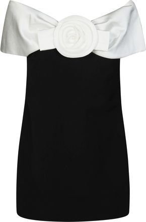 Self Portrait Two Tone Off Shoulder Fabric Flower Mini Dress