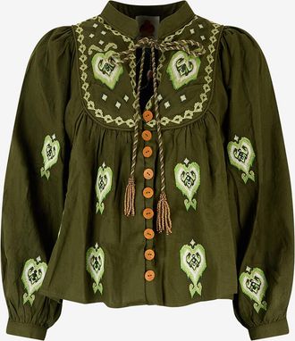 Farm Rio Bluse aus bestickter Leinwand mit Puffärmeln