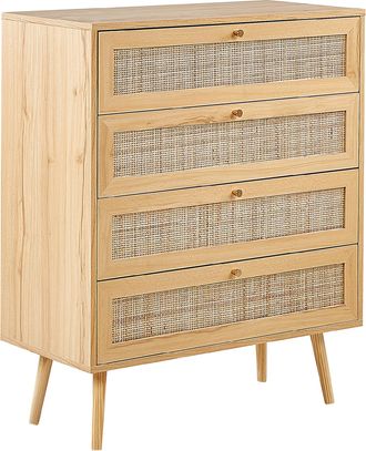 Beliani C&oacute;moda De Rat&aacute;n Madera Clara Dorado 80 X 38 Cm 4 Cajones Boho Perote