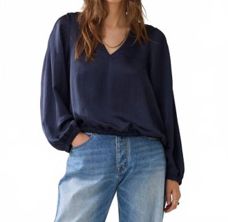 Summum Shiny V-Neck Top In Midnight Blue