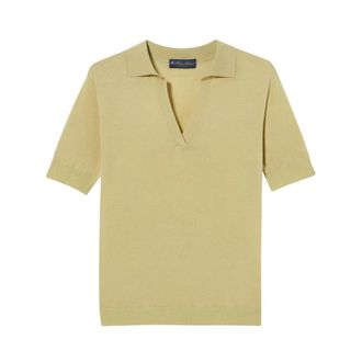 Brooks Brothers Zijdeblend gebreide polo met Johnny-kraag - Dames - V-hals truien - Groen - XS - Katoen - Truien & Vesten