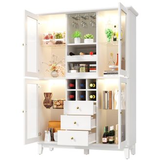 STILVORA Aparador Con 3 Cajones, Estantes Ajustables, Botellero, Soporte Para Copas Y Led Para Sal&oacute;n, En Mdf, Blanco, 120&times;40&times;180.5 Cm