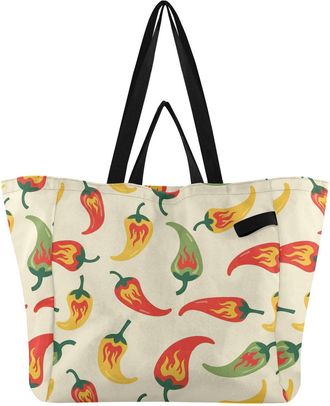 Generic Peppers Beige print Reusable Canvas Tote Bag, Heavy Duty Grocery Shopping Bag with Double Handles Large Capacity Hard Bottom Work Groceries Travel