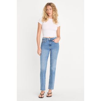 Good American Womens Always Fits Good Legs Straight Jeans | Extra Stretch, Flat Tummy Tech, Gap-Proof Waistband | Indigo, Size 6-12 | Good Am