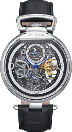 Heritor Lincoln Leather-Band Skeleton Watch with Moon Phase