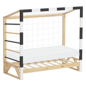 ML Design Ml-design - Cama Infantil 70 X 140 Cm En Forma De Porter&iacute;a De F&uacute;tbol Con Colch&oacute;n, Cuna Individual De Madera De Pino Con Somier De L&aacute;minas, Red Y Escal