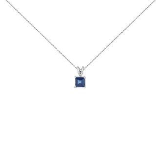House of Brilliance 14K White Gold 5x5 MM Square Shaped Blue Sapphire Solitaire Pendant Necklace