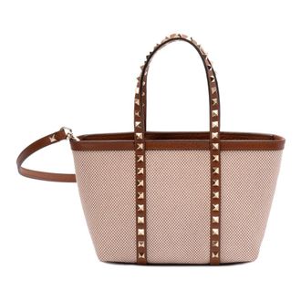 Valentino Garavani Tote Bags, female, Brown, Size: ONE SIZE Brown Leather Shoulder Bag with Studs