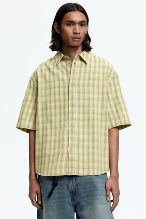 H&M Regular Fit Short-sleeved Shirt in Light Green/checked at Nordstrom, Size Xx-Large