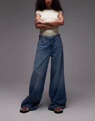 Mango Aba wide leg contrast hem jeans in blue