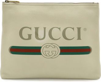 Gucci Green Ivory Red Color White Leather Clutch Bag Pouch (Pre-Owned)