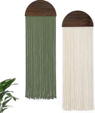 OEM Juego De 2 Tapices De Macram&eacute; Verde De Estilo Bohemio, Semicirculares Con Borlas, Para Decorar Tu Dormitorio O Sala De Estar, 85 X 30 Cm (beige Y Verd