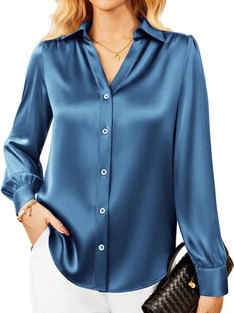 Grace Karin Womens Satin Blouse Long Sleeve Silk Shirts Regular Fit Button Down Blouse Office Business Casual Ladies Tops Gray Blue S