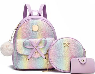 I Ihayner Girls Bowknot 3-Pieces Fahsion Leather Backpack Backpack Purse for Women Rucksack for Ladies Shoulder Bag Glitter Purple