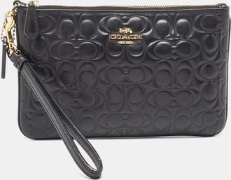 Coach Black Signature Embossed Leather Wristlet Pouch
