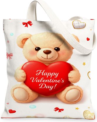 Generic ValentineS Day Bear Canvas Tote Bags, Adorable Heart Pattern Reusable Grocery Bags, Lightweight Washable Shoulder Strap Ca, White, 13x15 Inch