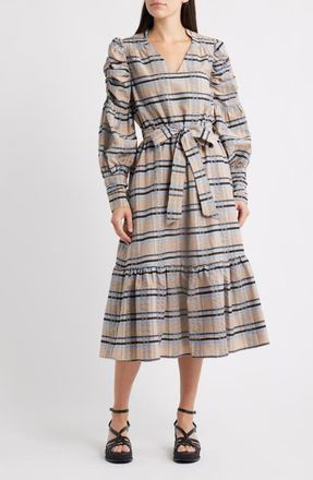 Ciebon Mariyah Long Sleeve Seersucker Midi Dress in Khaki at Nordstrom, Size X-Small