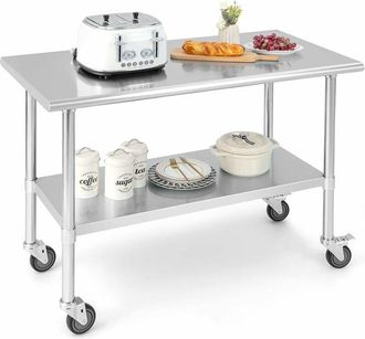 Costway Tavolo da Lavoro in Acciaio Inox, con 4 Ruote Bloccabili Gambe Zincate e Ripiano Regolabile, Tavolo Multiuso per Cucina Ristorante e Lavanderia, 122