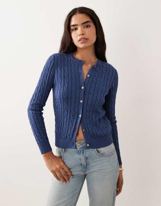 Ralph Lauren Cardigan in maglia di cotone a trecce blu con logo iconico