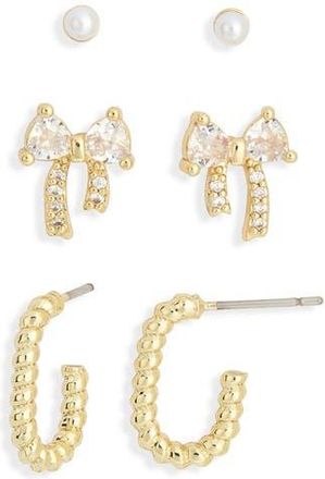 Nordstrom Rack Set of 3 Faux Pearl Stud, Cubic Zirconia Bow & Huggie Hoop Earrings in Clear- White- Gold at Nordstrom Rack