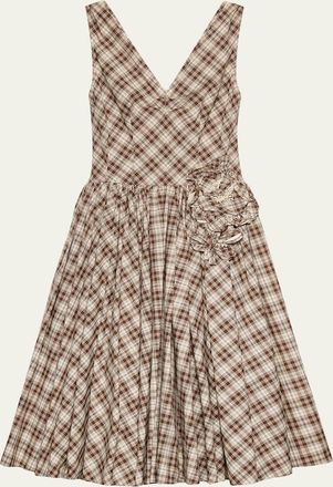 Prada Embroidered Check Cotton Poplin Midi Dress