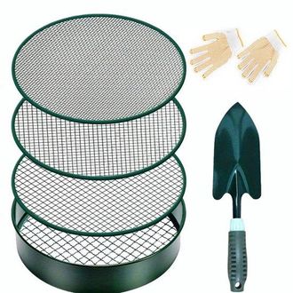 No Brand Juego De Tamiz De Jard&iacute;n 4 En 1, Pala Redonda De Metal De 30 Cm Para Tierra Y Arena, Guantes