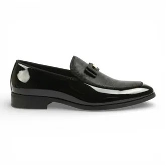 Infinity Leather Mens Navy Blue Textured Front Iconic Buckle Bow Loafers Shoes