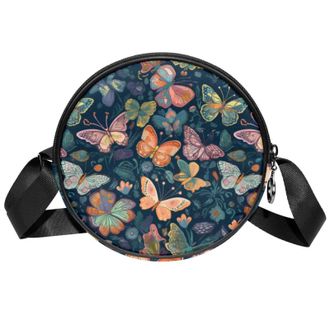Generic Circle Crossbody Bag for Women, Butterflies Small Sling Bag Daypack with Zipper Adjustable Shoulder Straps Casual Ladies Girls Round Purse