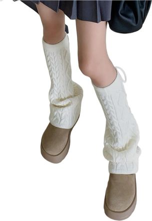 Generic Womens New Winter Cable Knit Leg Warmers - Slouchy Drawstring Tie, Thick Thermal Boot Socks Cuffs, Solid Color(White)