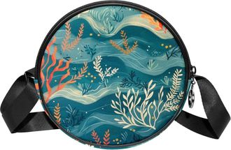 Generic Circle Crossbody Bag for Women, Sea Coral Print Small Sling Bag Daypack with Zipper Adjustable Shoulder Straps Casual Ladies Girls Round Purse