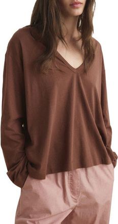 Mango Long Sleeve Cotton V-Neck Pajama Top in Brown at Nordstrom, Size Medium