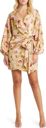 Wayf Amour Floral Long Sleeve Wrap Dress in Champagne Roses at Nordstrom Rack, Size Medium