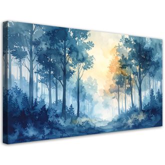 Feeby Cuadro En Lienzo, Bosque Brumoso Paisaje En Pastel Naturaleza En Estilo Escandinavo Azul, 120x60