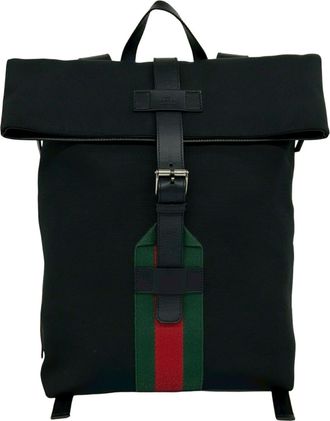 Gucci Black Green Red Color Canvas Leather Backpack (Pre-Owned)