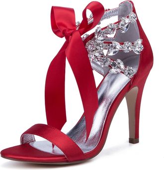 Generic Wedding Shoes Women Open Toe Heeled Sandals Sexy Stiletto Bridal High Heels for Party, Prom, Dating, Wedding 10.5Cm,red,3 UK