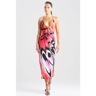 Natori Butterfly Linen Blend Open Back Slip Dress in Red at Nordstrom, Size X-Large