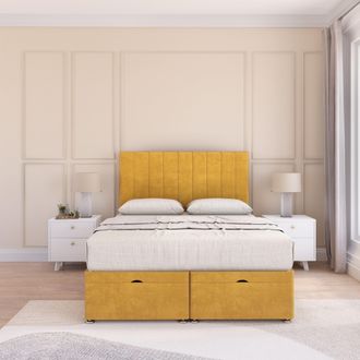 Sloomy Kansas Plush Fabric Ottoman Bed End Opening With Sprung Memory Mattress & 26 Inch Headboard in Gold | Size: King