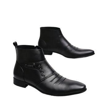 Generic Mens Pointed Toe Formal Ankle Boots PU Leather Short Boots with Side Zipper Flat Heel Office Dress Shoes,Black,9.5 UK