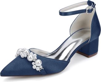 Generic Bridal Shoes Womens Block Heel Pearl Satin Closed Pointed Toe Low Heel Pump Party Wedding Dress Shoes 4.5Cm,Dark Blue,10 UK