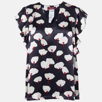 Max Mara Black Floral Print Silk Satin Blouse M
