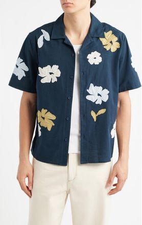 Wax London Didcot Floral Cotton & Linen Camp Shirt in Navy /Multi at Nordstrom, Size Xx-Large