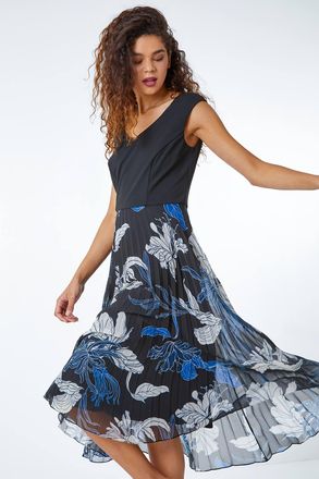 Roman Floral Print Pleated Chiffon Midi Dress