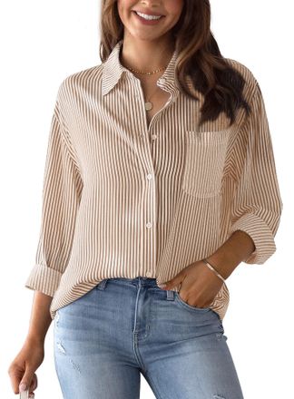 Feoya Ladies Work Blouse Long Sleeve Shirt for Women Loose Fit V Neck Tops Blouse Office Casual Summer XL Khaki